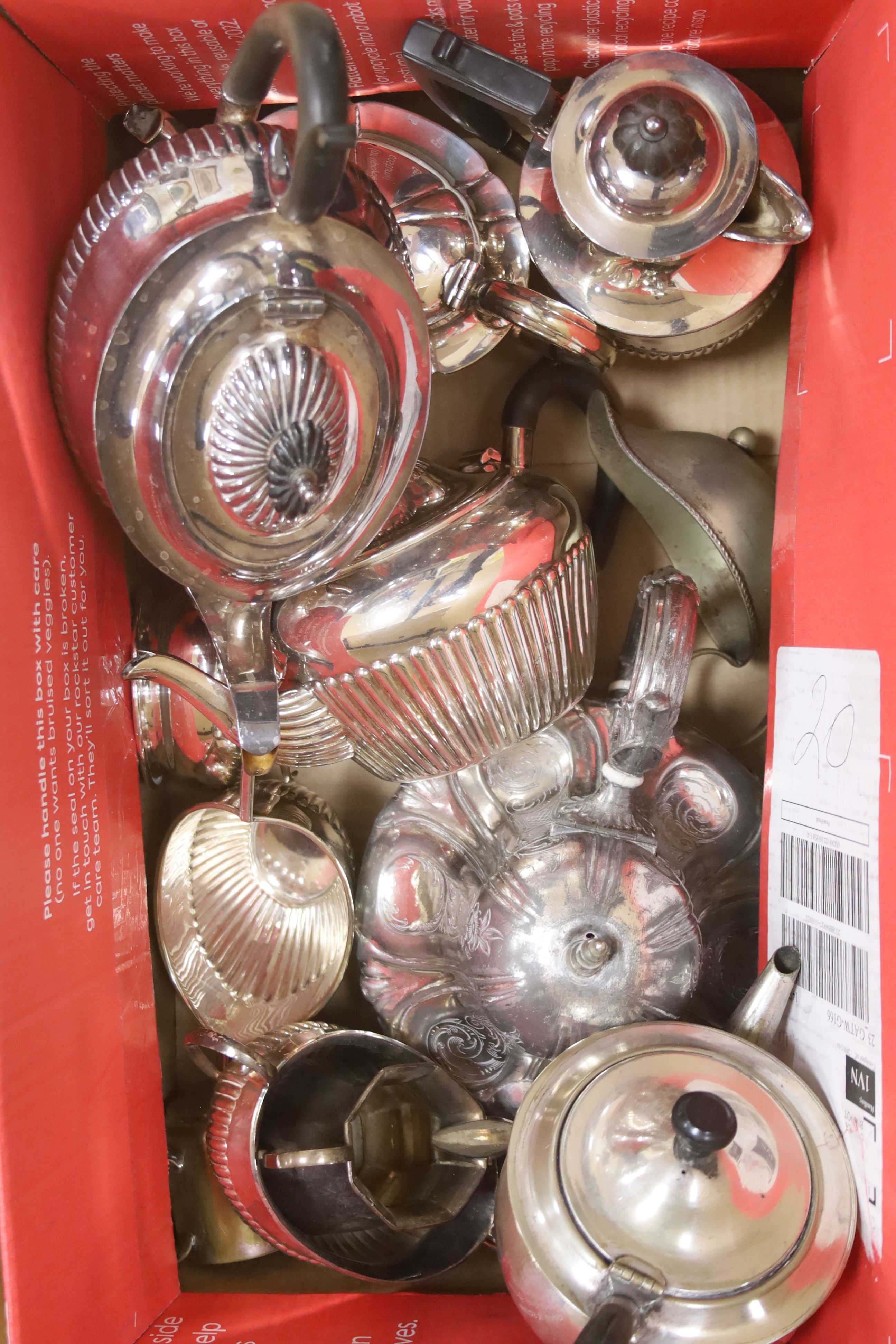 A quantity of assorted plated tea ware including teapots, tea kettle, coffee pot, etc.